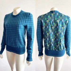 Tory Burch Walda Printed Wool Scarab Beatle Back Blue Green Sweater XS